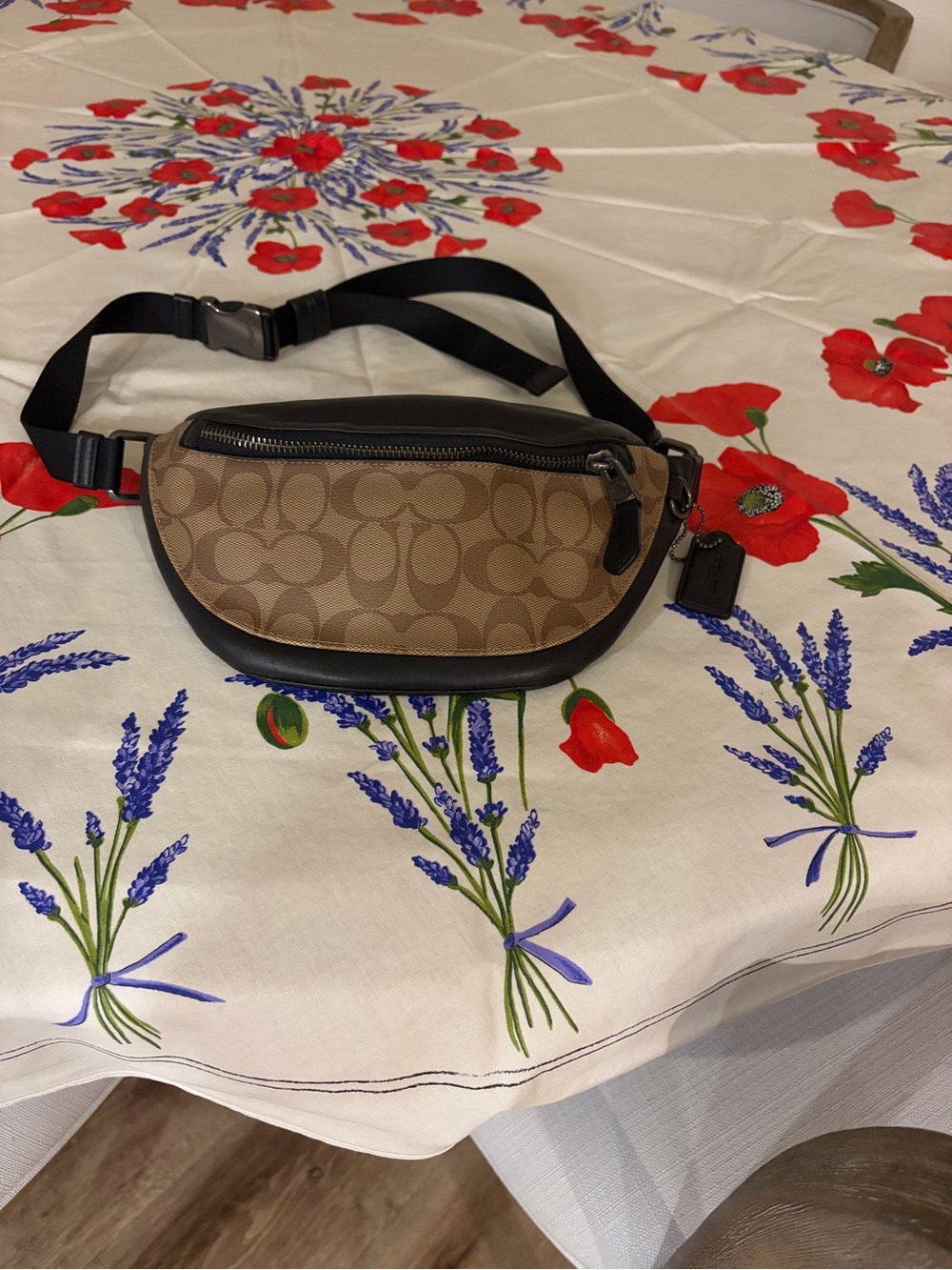 Coach Tan Brown Signature Canvas Belt Bag with Black Trim